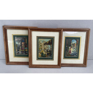 VTG Virgili European Cityscape Art Set 3 Framed Paintings Café Street Scene Deco